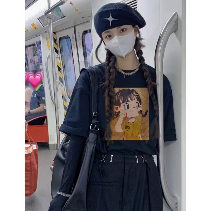 EUNII T-shirt Lengan Pendek Imut Gadis Kecil Pencetakan Longgar Korean Style/Kaos Atasan Wanita/Baju Kaus Oversize Wanita