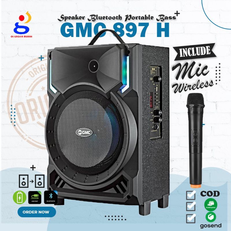 Speaker Bluetooth Portable GMC 897H 8 inch SNI Karaoke Termasuk Mic Wireles Super Bass 897 H