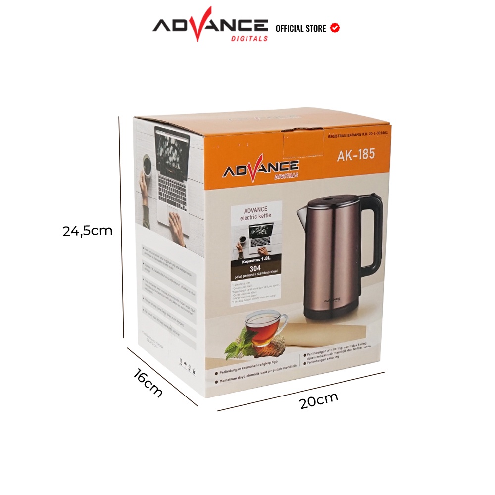 Advance Digitals Teko Listrik Electric Kettle Digitals AK185 Kapasitas 1.8 Liter Stainless Steel 304 Food Grade Pemanas Air Garansi Resmi 1 Tahun