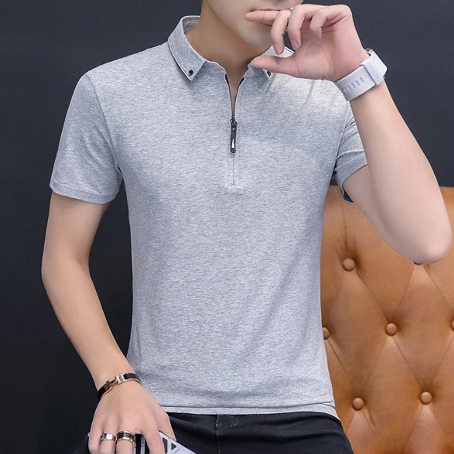 Kaos Kerah Pria Lengan Pendek Resleting ELYON Polo Shirt Formal Hitam Polos