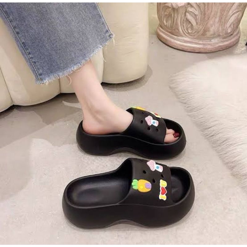 Sandal EVA Fuji Sandal Wanita Jelly Wedges Platfrom Tebal Dengan Jabbitz Import Terbaru