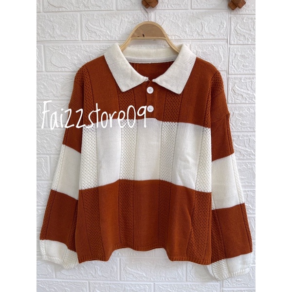 NAOMI SWEATER RAJUT MOTIF JARING CROP TOP STRIP BAHAN TEBAL PREMIUM KNIT STORE09 MURAH