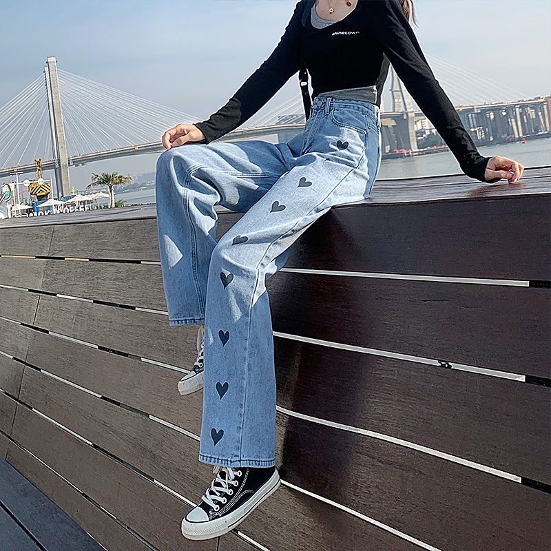 yikoo-Celana jeans bordir cinta high waist wanita panjang longgar boyfriend pants