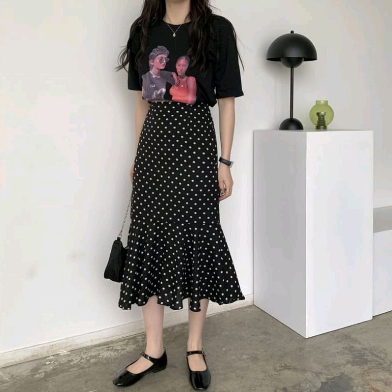 rok polka bintik-bintik / rok duyung polkadot / rok Korea polka / skirt polka / flare skirt