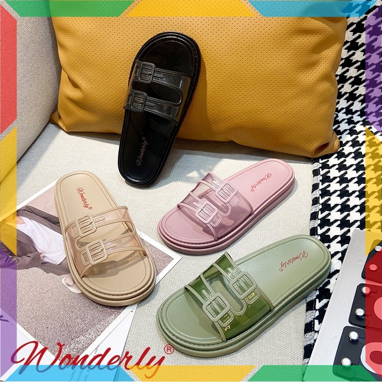 1997-2 Sandal Slop Ban 2 Transparan Wanita Wonderly Sendal Selop Cewek Jelly Karet Empuk Kokop Bening Glanzton