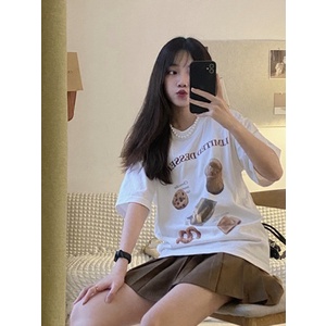 EUNII T-shirt Lengan Pendek Kartun Hidangan Penutup Pencetakan Longgar Korean Style/Kaos Atasan Wanita/Baju Kaus Oversize Wanita