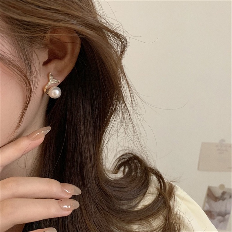 Anting 925 Silver Needle Hias Mutiara Berlian Imitasi