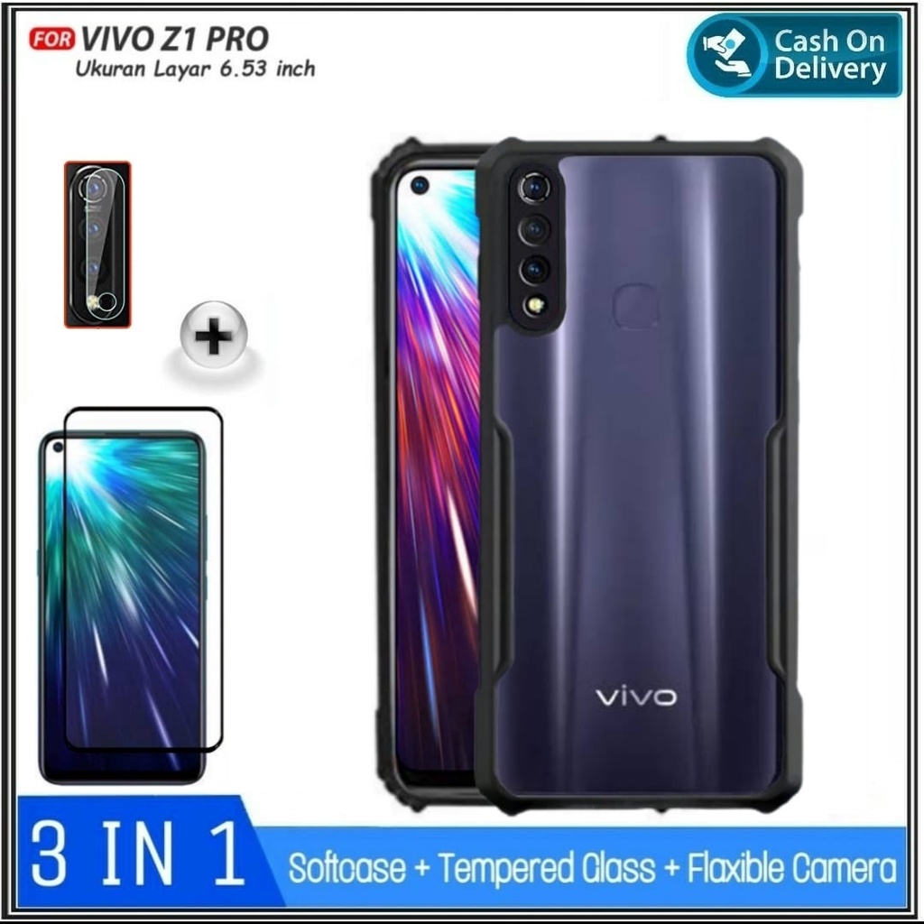 PAKET 3IN1 Case Vivo Z1 Pro Hard Soft Fusion Armor Shockprooft TPU HD Trasnparan Acrylic Casing HP C