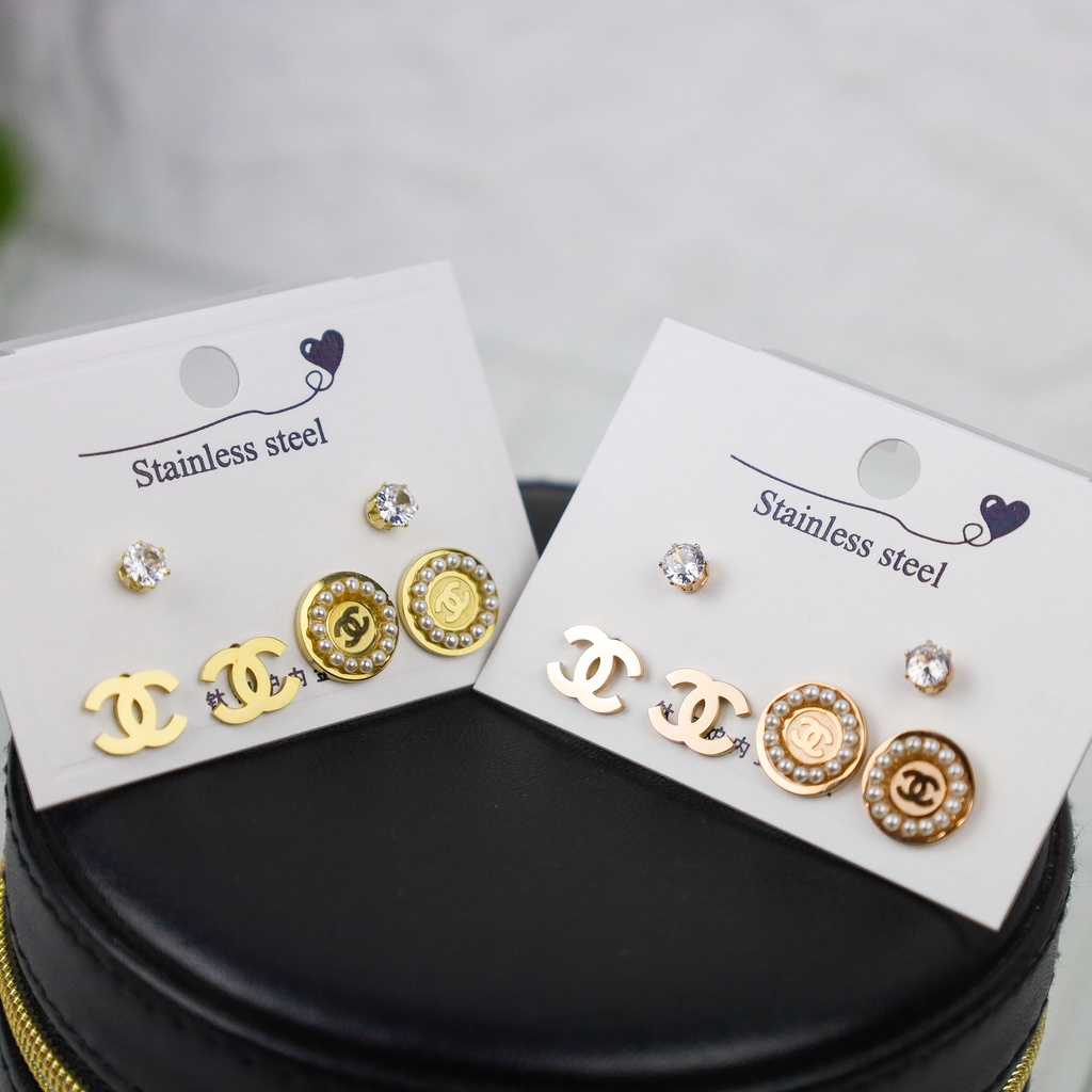 Anting Ch@nn#lL 3 in 1 tiga pasang titanium korea harga grosir bisa COD