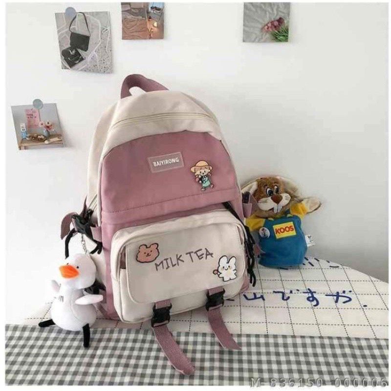 Tas Ransel Wanita Korea School MILK TEA PIN Backpack Perempuan Stylish Fashion K-POP Omo Omo Kiyowok