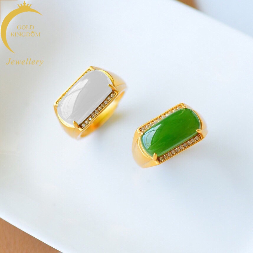 Goldkingdom Perhiasan Fashion Emas Asli Kadar 375 Bangkok Aksesoris Ready Stock Heritage Berlapis Emas Cincin Giok Hetian Jasper Sadel Adjustable Ring Untuk Pria Dan Wanita