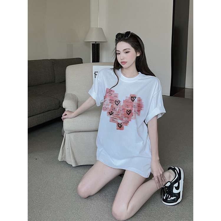 EUNII T-shirt Lengan Pendek Modis Cinta Pencetakan Longgar Korean Style/Kaos Atasan Wanita/Baju Kaus Oversize Wanita