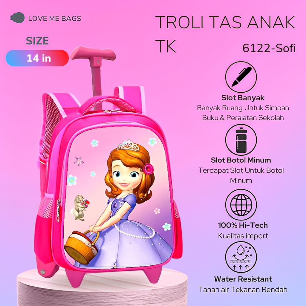 LMB Tas Troli Anak Sekolah Perempuan TK Bahan Nilon Premium Karakter Lucu Bagian Depan Timbul 6D