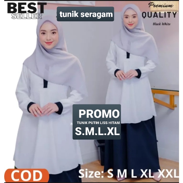 BAJU SERAGAM MODEL TUNIK (PUTIH LISS HITAM) BISA DIPAKE SERAGAM SEKOLAH/GURU/PEMDA/PNS WANITA