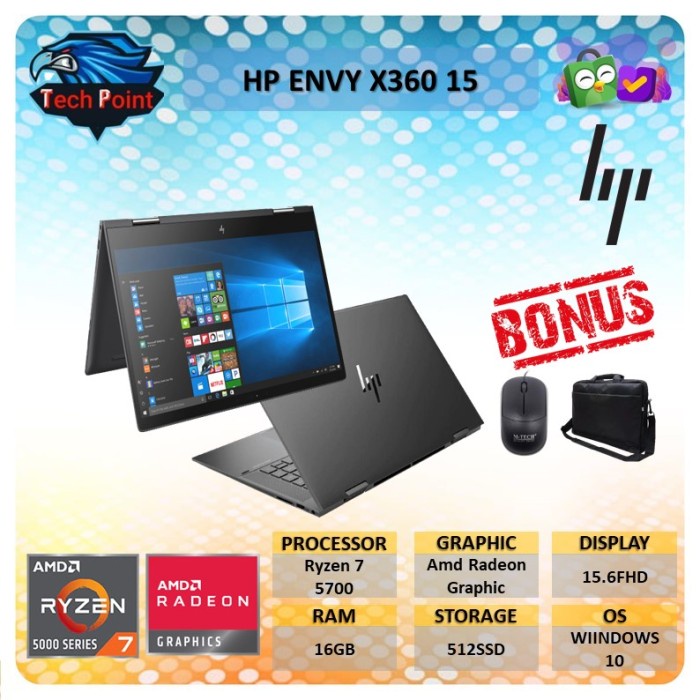 {MahesStore} HP ENVY X360 15 TOUCH RYZEN 7 5700 16GB 512SSD W10 15.6FHD - unit Murah