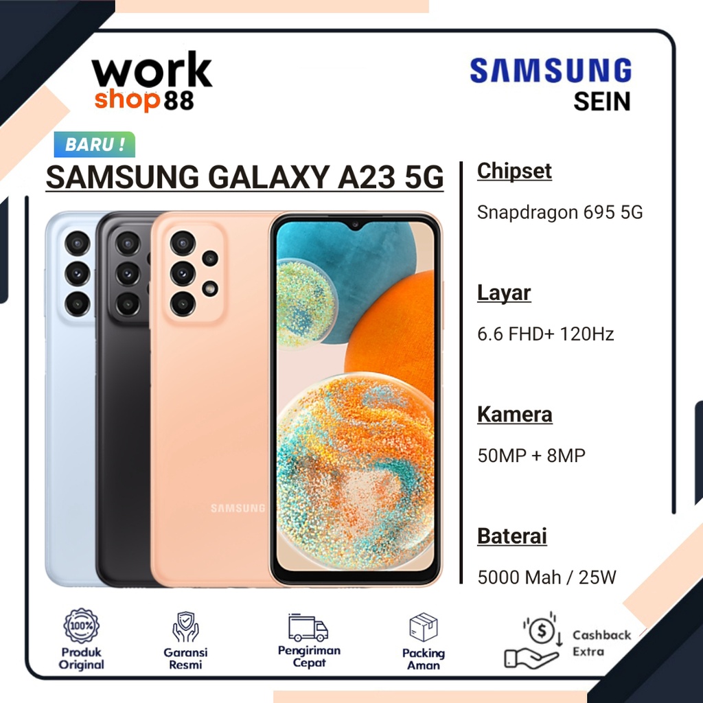 Produk Terbaru - HP Samsung Galaxy A23 5G - [6GB + 6GB Extended Up To Ram 12GB] | Rom 128GB - New Or