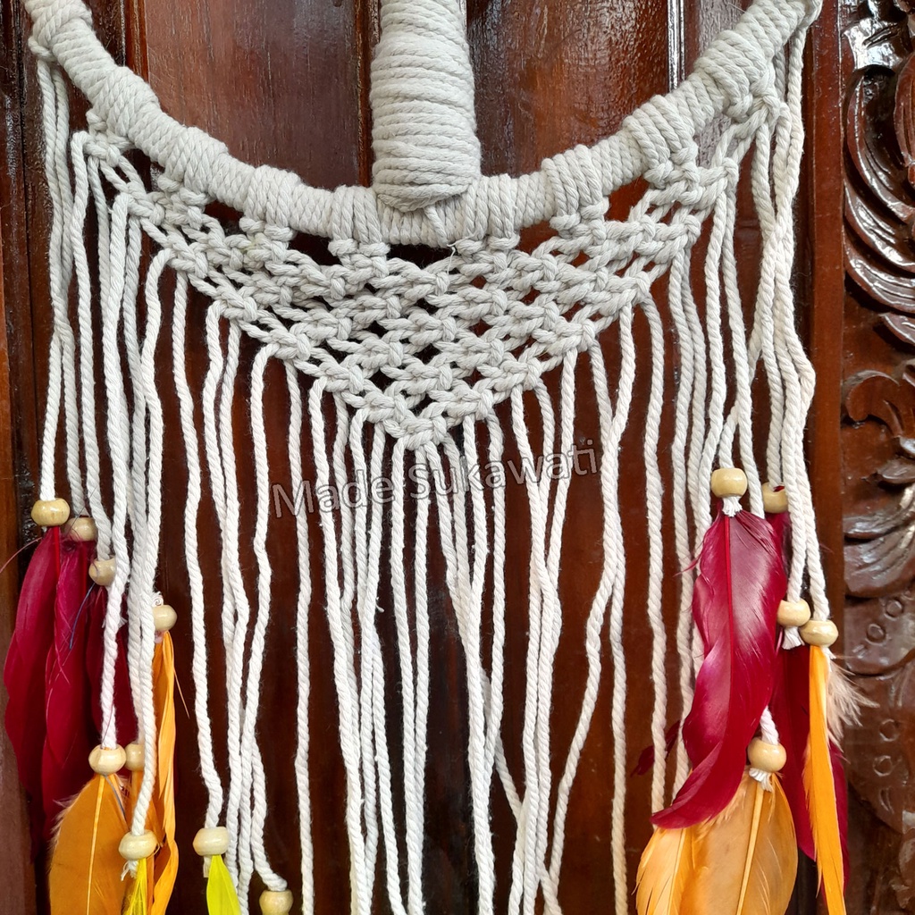 Dream catcher jaring sulam diameter 27cm variasi bola pohon bulu Rainbow