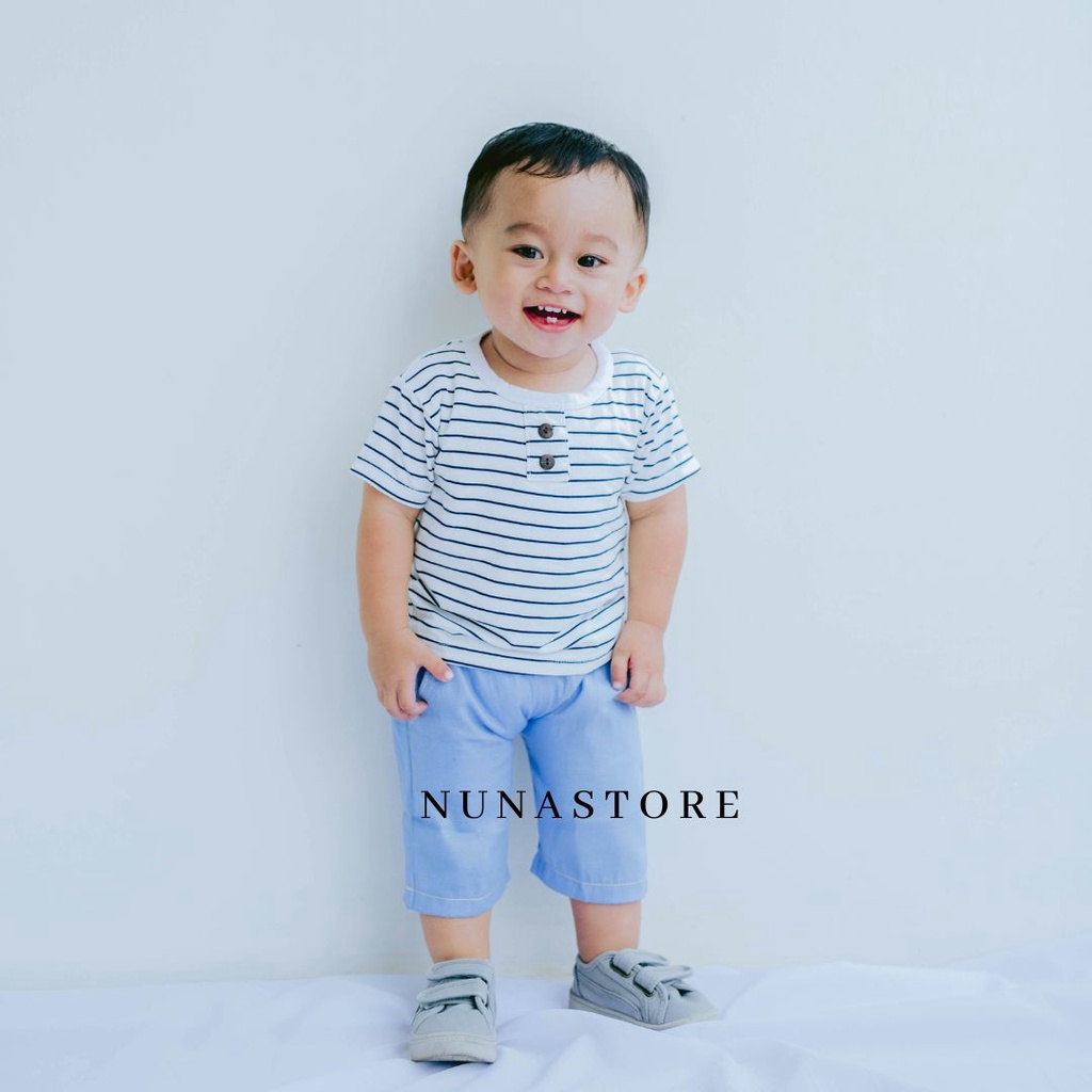 Nuna Store Setelan Kiano Baju Celana Bayi dan Anak Laki laki Perempuan STRIPE KANCING DUA Anak Unisex usia 0 - 2,5 Tahun