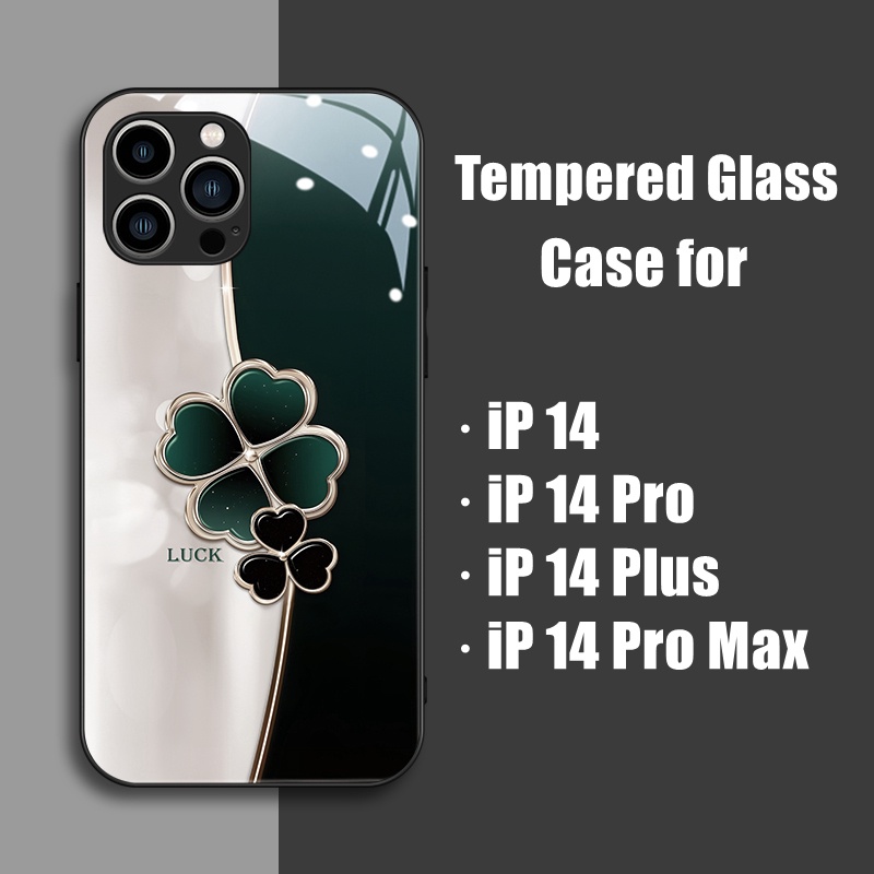 Hard Case Tempered Glass Motif Lucky Clover Untuk iPhone 14 Pro Max 14 Plus 13 12 11 Pro Max X Xr Max