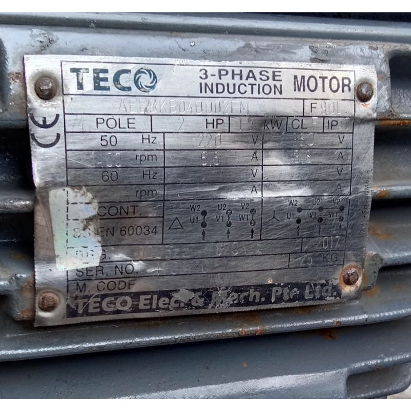 TECO MOTOR INDUCTION 3PHASE 2HP 220V