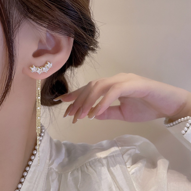 Anting Tusuk Gantung Panjang Desain Bintang Hias Kristal Gaya Klasik Untuk Wanita