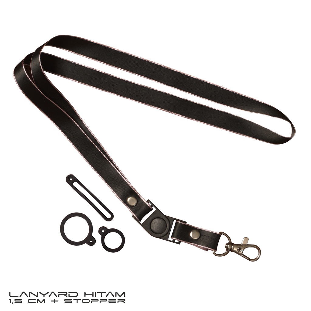 

Lanyard Hitam Strip Ungu 1,5cm Stopper + Karet