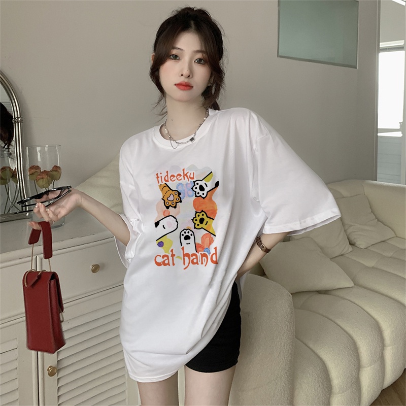 Korean Style  Kaos Oversize Cat Hand T-shirt pendek longgar untuk wanita/baju kaus oversize wanita/Kaos Oversize T-shirt