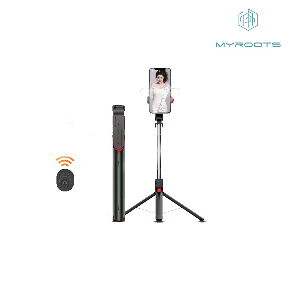 Myroots Tongsis Tripod Bluetooth P100 1.8 Meter Aluminium Alloy Black plus lampu lighting View 2 LED