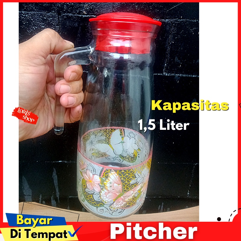 Pitcher Jug Kaca Beling Tempat Air Minum Tutup Plastik
