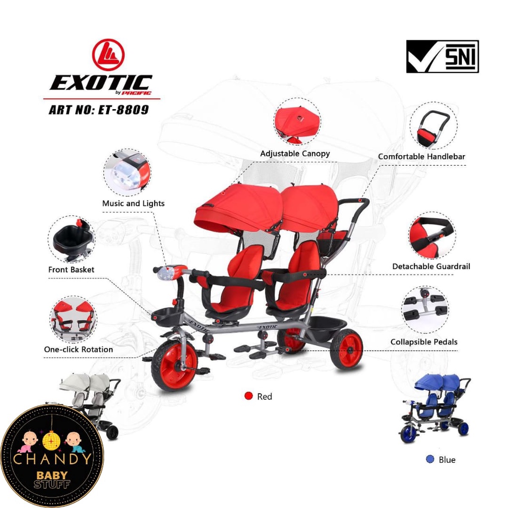 SEPEDA ANAK RODA TIGA EXOTIC ET 8809 TWIN ( SEPEDA KEMBAR KURSI BISA DIPUTAR, LAMPU DAN MUSIK )