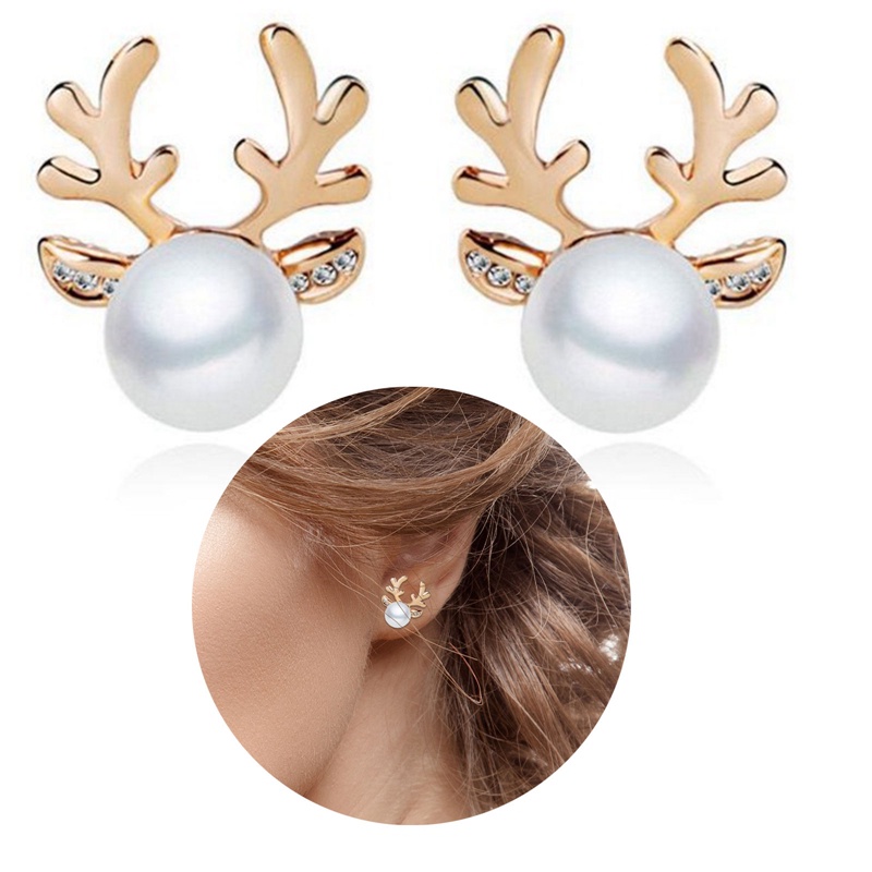 Anting Stud Desain Rusa Natal Aksen Mutiara Gaya Elegan Untuk Wanita