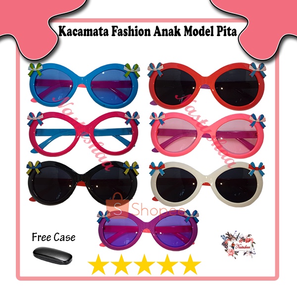 Kacamata Anak Fashion Motif Pita Lucu Motif Kids Kaca Mata Anak Hitam Anti Sinar UV Frame Plastik Ringan High Quality FREECASE