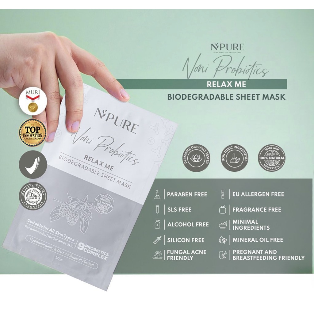 B25 N'PURE noni probiotics sheet mask masker npure murah asli termurah original bpom 20gram salon wajah perawatan kecantikan tubuh mata melembabkan anti aging garis halus kerutan serum essence scrub peel toner pembersih