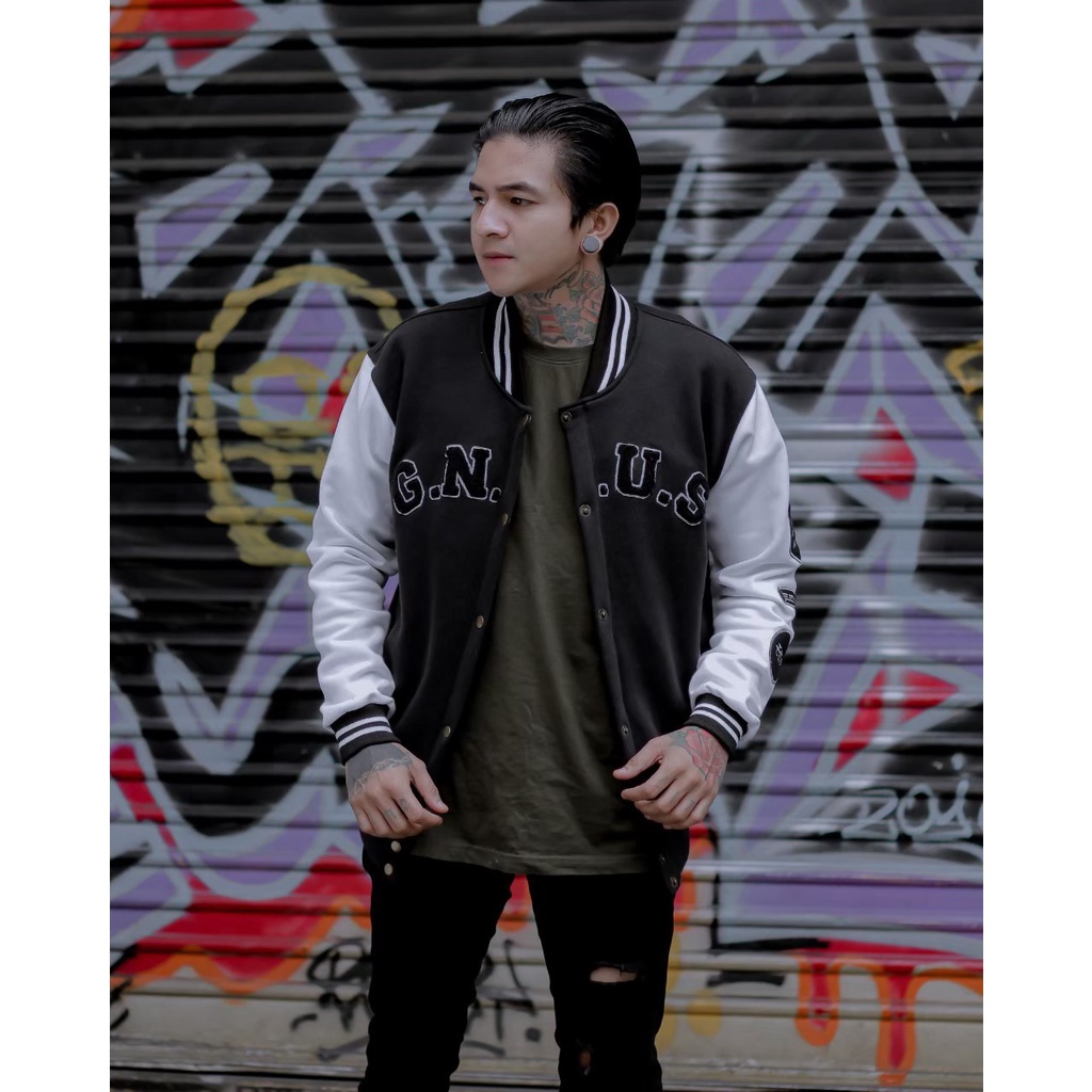 Varsity Jacket GNUS  Full Bordire - Jaket Bassebal Pria - Black-