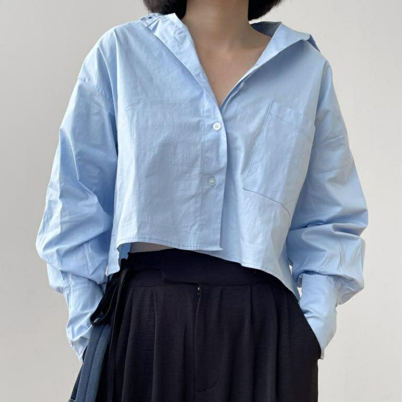 Honey Basic Oversize Crop Shirt Black Fuschia Blouse Kemeja Polos Hitam Lengan Panjang Wanita