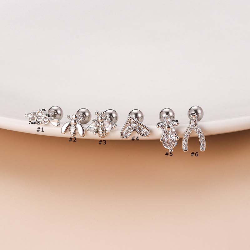 1 Pc Anting Stud Sekrup Tindik Bentuk Barbel Bunga Lebah Hati Bahan Stainless Steel 16