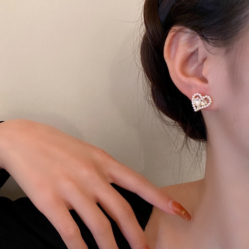 Roselife 1 Pasang Anting Tusuk Silver S925 Wanita Desain Hati Hias Kristal Zircon Mutiara Gaya Korea