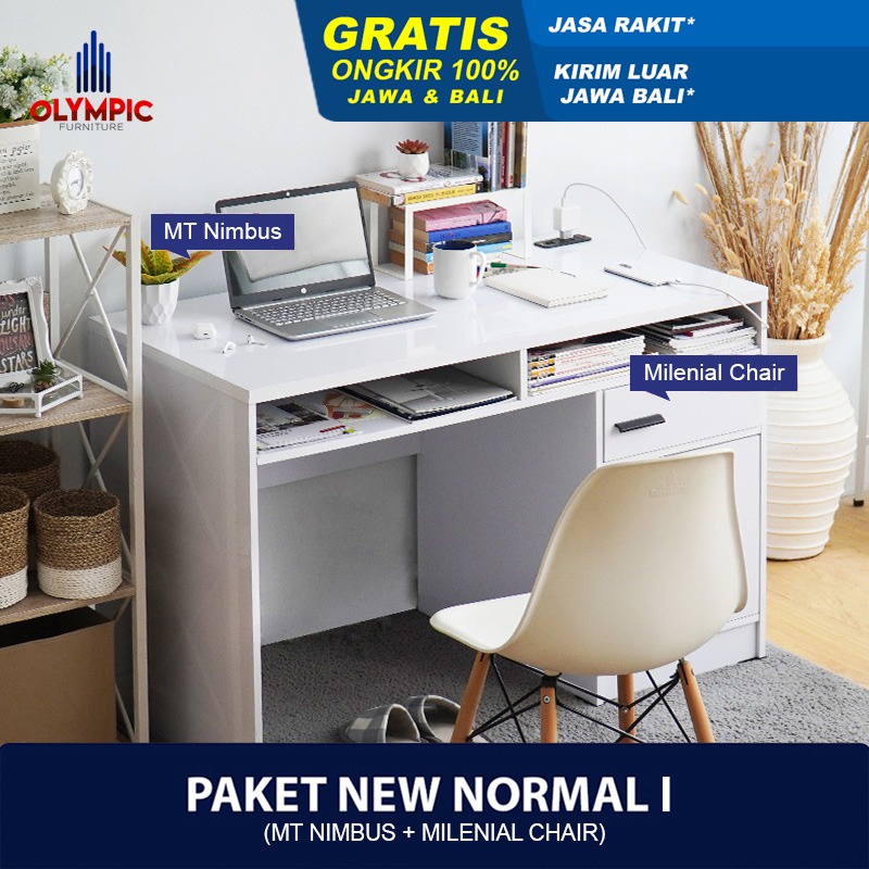 MORE Olympic New Normal Paket I – Meja Kerja / Meja Belajar / Meja Tulis + Kursi - MT NIMBUS + MILEN