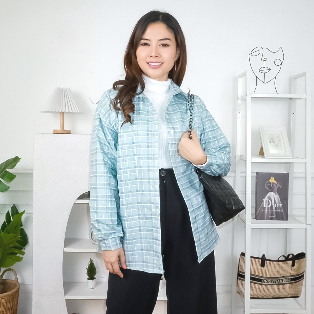 Tq88indonesia Fashion Kemeja Wanita Lengan Panjang / Clova Shirt / Hem / Kem Kotak-Kotak / Busana Casual Cewek / Ootd / Oufit Kasual Kekinian