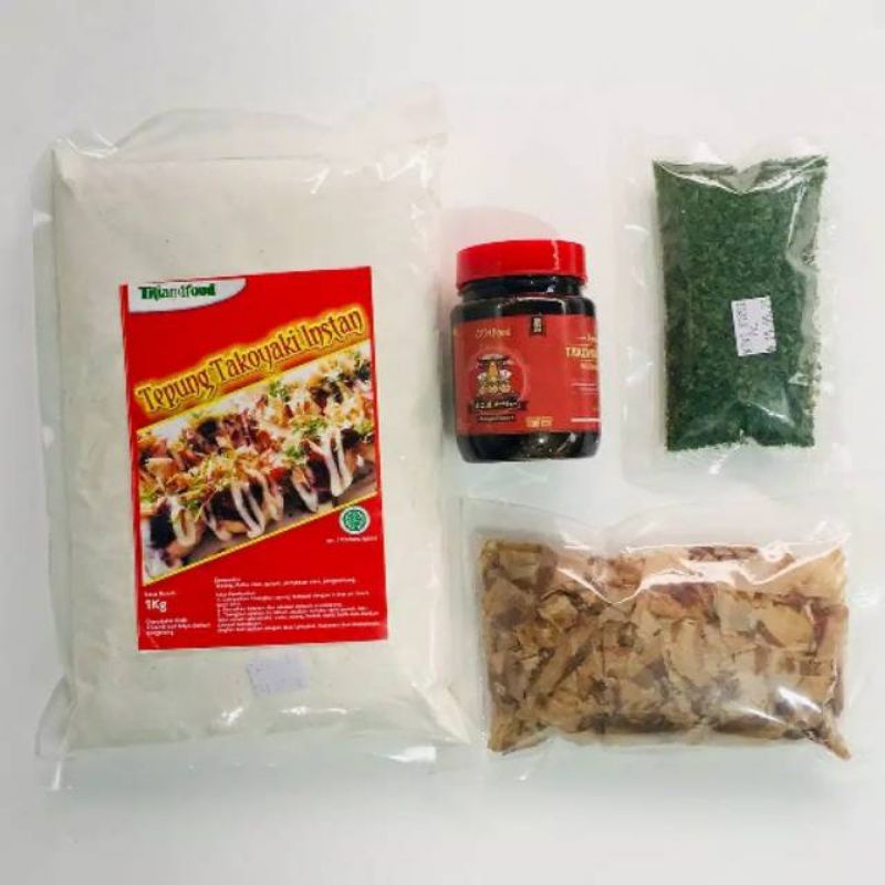 

paket komplit bahan takoyaki tepung titiandfood 1 kg + katsuobushi + saos + aonori )