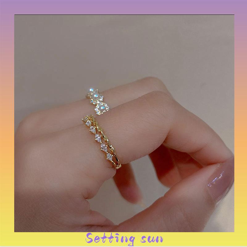 Double-layer Retro Pearl Diamond Ring Niche Light Desain Mewah Cincin Dapat Disesuaikan Terbuka TN