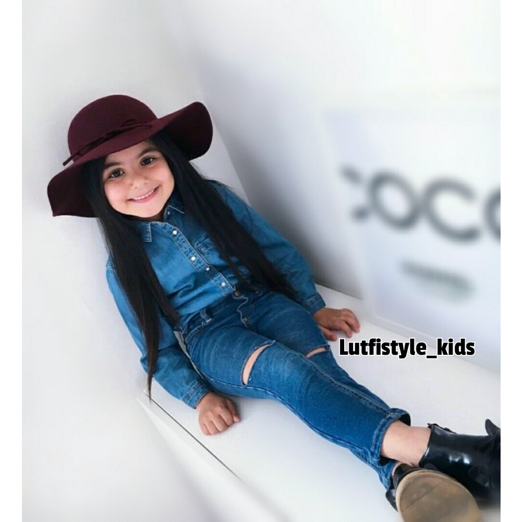 Celana Jeans Anak Perempuan Sobek Lutut Warna Biru Tua Darkblue Soft Stretch Denim Ripped Sobek Ukur