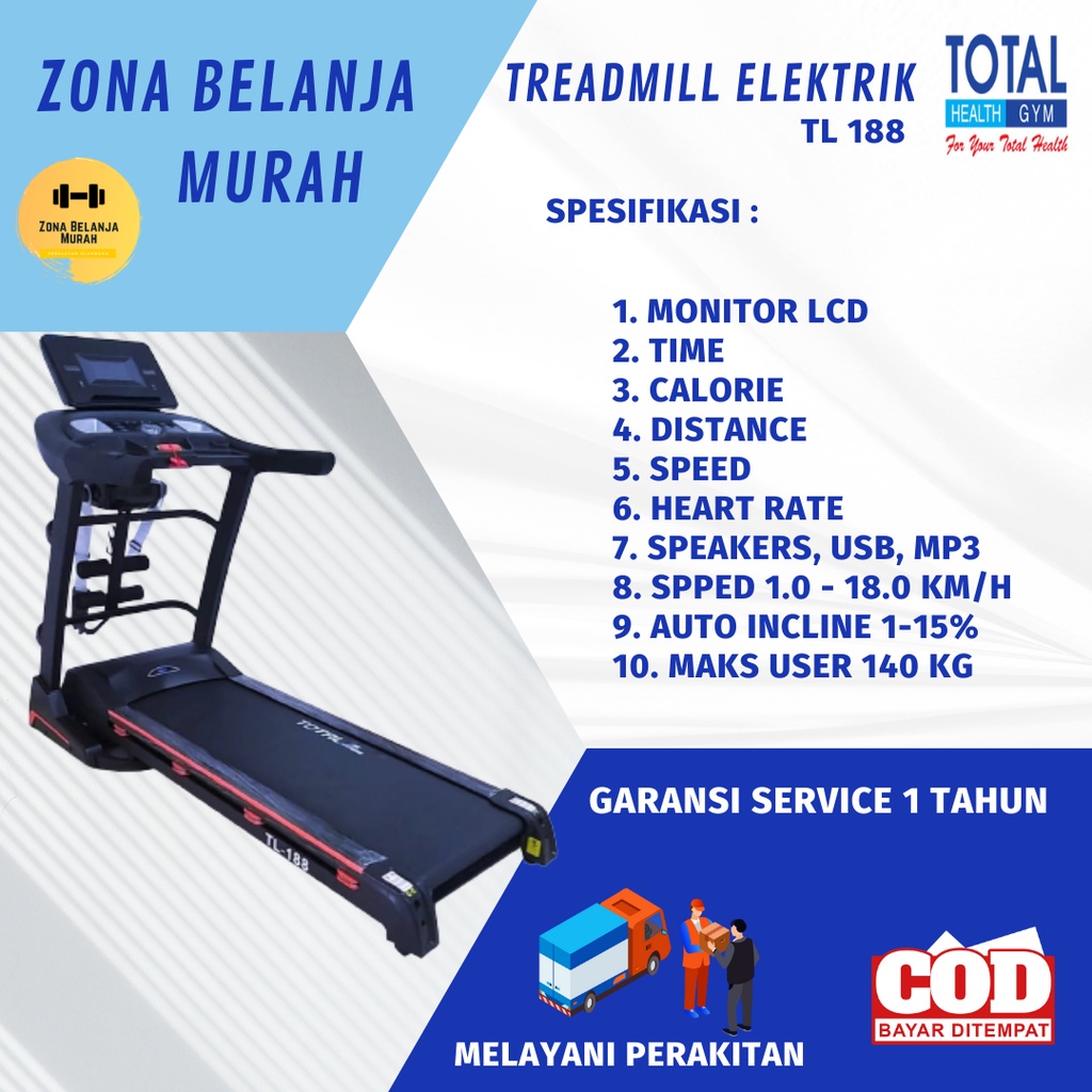 TOTAL FITNESS Alat Fitnes Lari Treadmill Elektrik 3 hp TL 188
