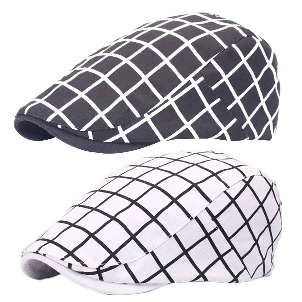 Topi Baret Adjustable Motif Kotak-Kotak Bahan Katun Untuk Pria Dan Wanita