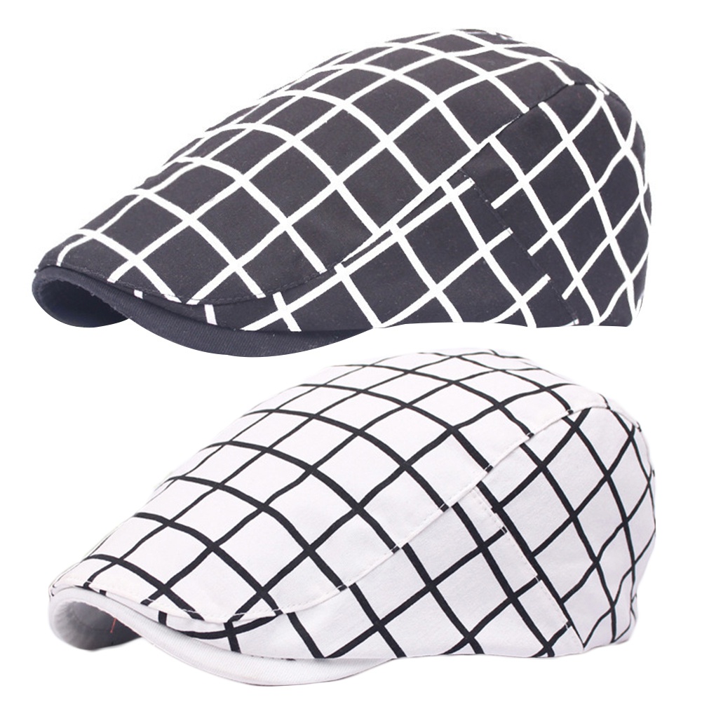 Topi Baret Adjustable Motif Kotak-Kotak Bahan Katun Untuk Pria Dan Wanita