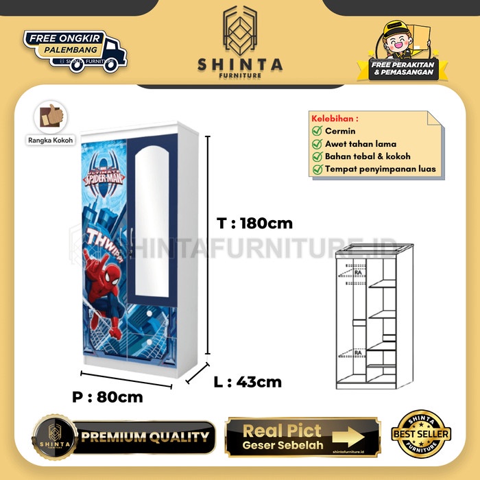 Lemari Pakaian 2P Anak Karakter / Lemari Spiderman Laci Kaca Lurus