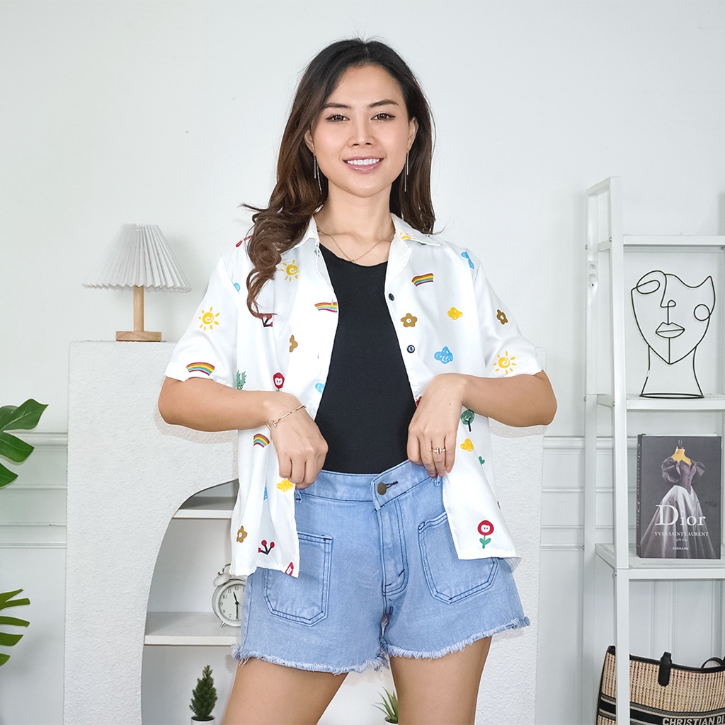 Tq88indonesia Fashion Kemeja Wanita Lengan Pendek /  Daylight Cute Shirt / Kem Kiyowo / Hem / Busana Casual Cewek / Ootd / Oufit Kasual Kekinian