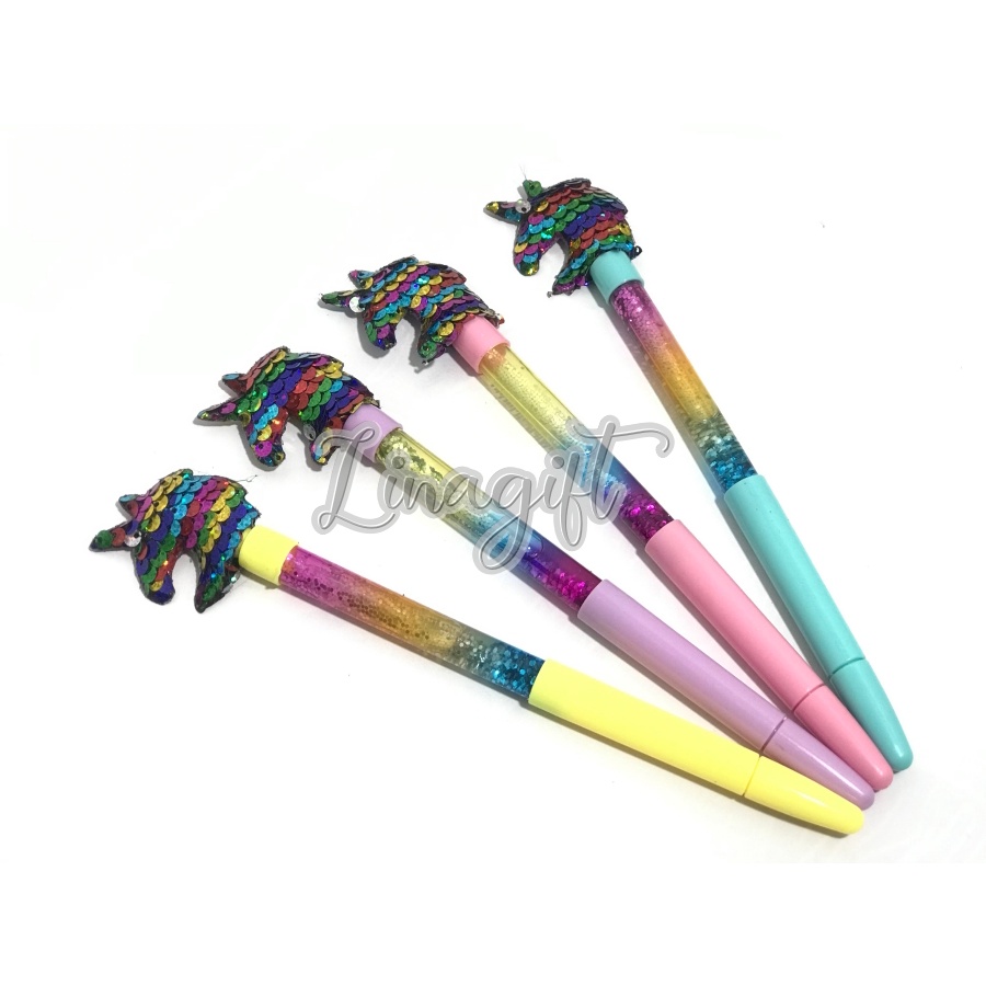 ( Ecer 1 Pc ) PEN GEL GLITTER AIR - PENA KARAKTER ANAK / PULPEN WAND SOUVENIR GLITER - UNICORN FLAMINGO TAYO LOL SQUIN SEQUIN