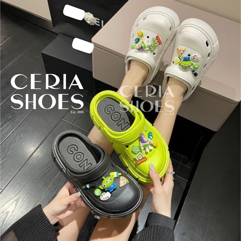 EVA Sandal Slop Clog Wanita 3D Toy Story Jibbitz Bangkok Import Spons Rubber Tebal Tinggi Karet Ringan Super Empuk Anti Slip Wedges Slides include Summer Sandals