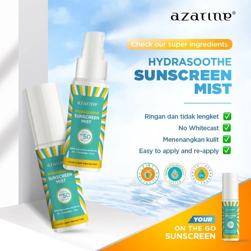 AZARINE Sunscreen (Hydrasoothe Sunscreen Gel SPF45, Tone Up Mineral Sunscreen Serum SPF50, City Defense Aqua Essence Sun Shield Serum SPF50, Hydramax-C Sunscreen Serum SPF50, Mist SPF 50, Cicamide Barrier Sunscreen Moisturiser SPF35, Calm My Acne Sunscree